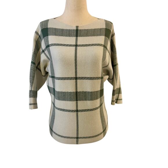 Adrienne Vittadini XS Pullover Sweater Top Ivory Green Check Knit Preppy - Picture 1 of 9